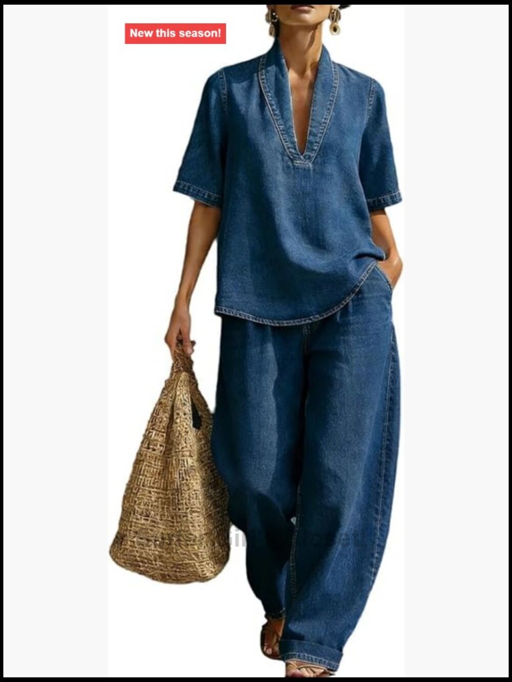 2 Piece Denim Set for Women Wide Leg Pant Casual Outfit